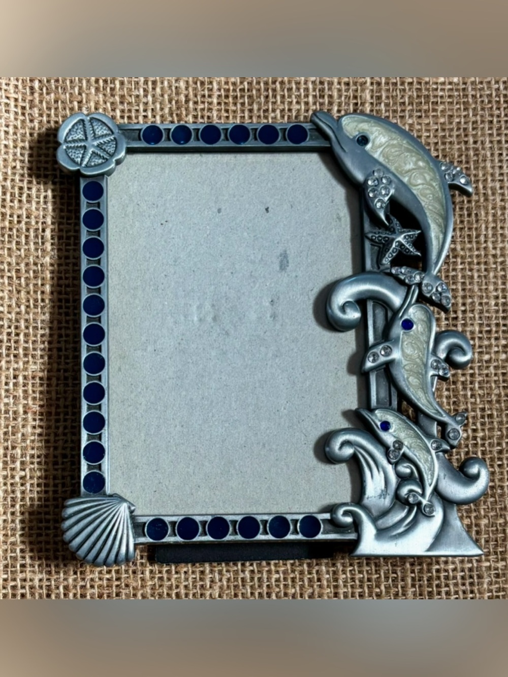 Vintage Small Dolphin Picture Frame Pewter Enamel & Rhinestones Ocean Coastal